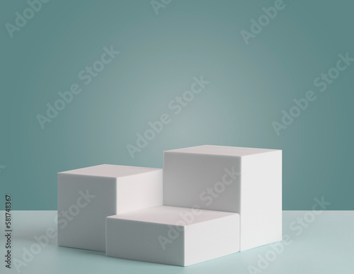 Podium consisting of three 3 square figures of different sizes on a green background. Square podiums are white. Abstract background. Podium minimal scene. Showcase