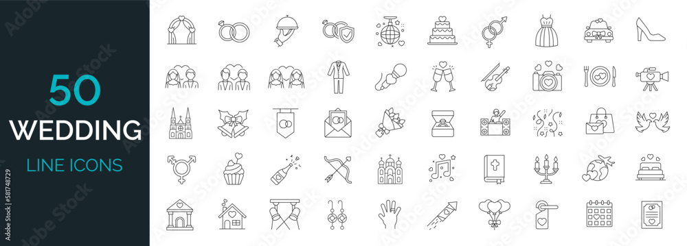 Set of 50 wedding, marrying, ceremony line icons.Vector illustration. Editable stroke. 