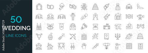 Set of 50 wedding, marrying, ceremony line icons.Vector illustration. Editable stroke. 