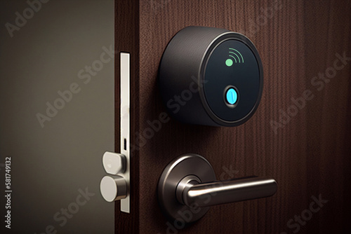 Door knobs handles realistic composition with finger touching digital dial pad of handle illustration, Generative AI