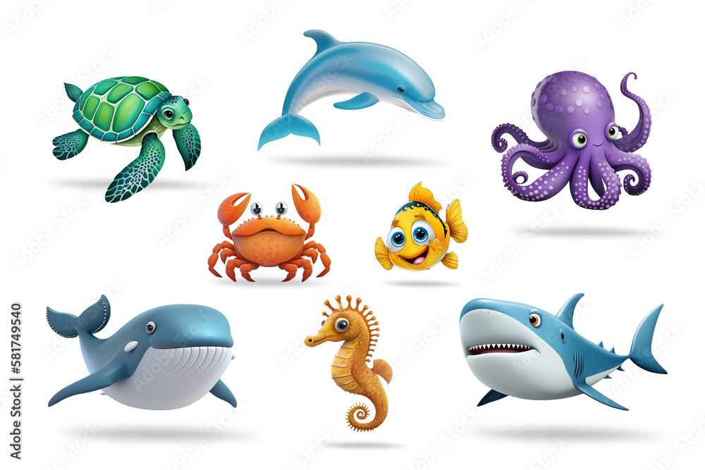 Fototapeta premium Cute cartoon sea animalson white background. Underwater wildlife creatures.