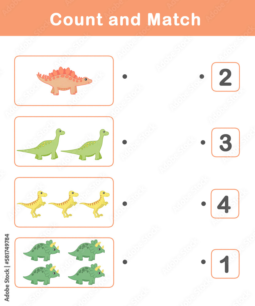 Counting Game for Preschool Children. Math Activities for Kids with cute dinosaur illustration . Math activities for toddlers to practice early math concepts.