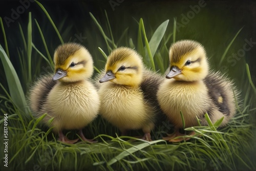 Outside, three fluffy little ducklings. Yellow baby duck birds learning about life on springtime green grass. animal rights, organic farming, and the idea of returning to nature. Generative AI