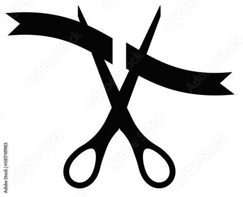 Open scrissor cut ribbon on opening ceremony vector icon. Shear cutting special event tape silhouette. Simple graphic design element. Vector flat illustation. Start presenration concept photo