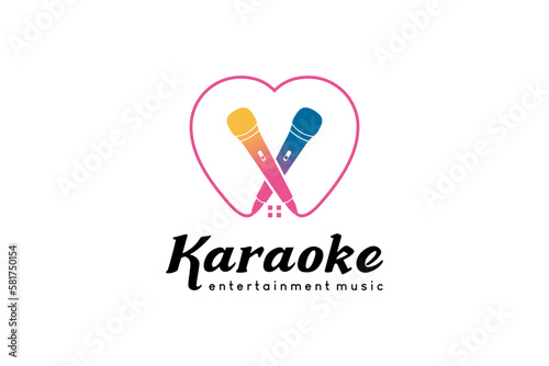 Music karaoke logo design, microphone icon vector illustration in heart concept