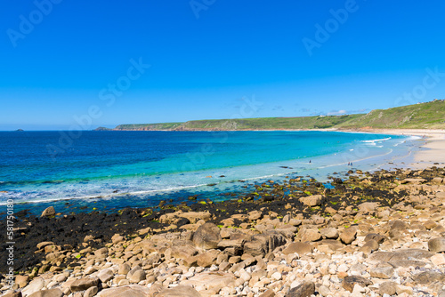 Sennen Cove beach and Cape Cornwall, beautiful bay with crystal clear turquoise water. Popular spot for surfing. England, UK. © Roberto