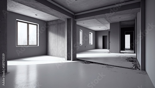 Empty Living Room Apartment Modern Interior . Light Home Living Room With Tile Floor, Window And Blank Wall With Ceiling. Real Property Inside Design Template Realistic, Generative AI