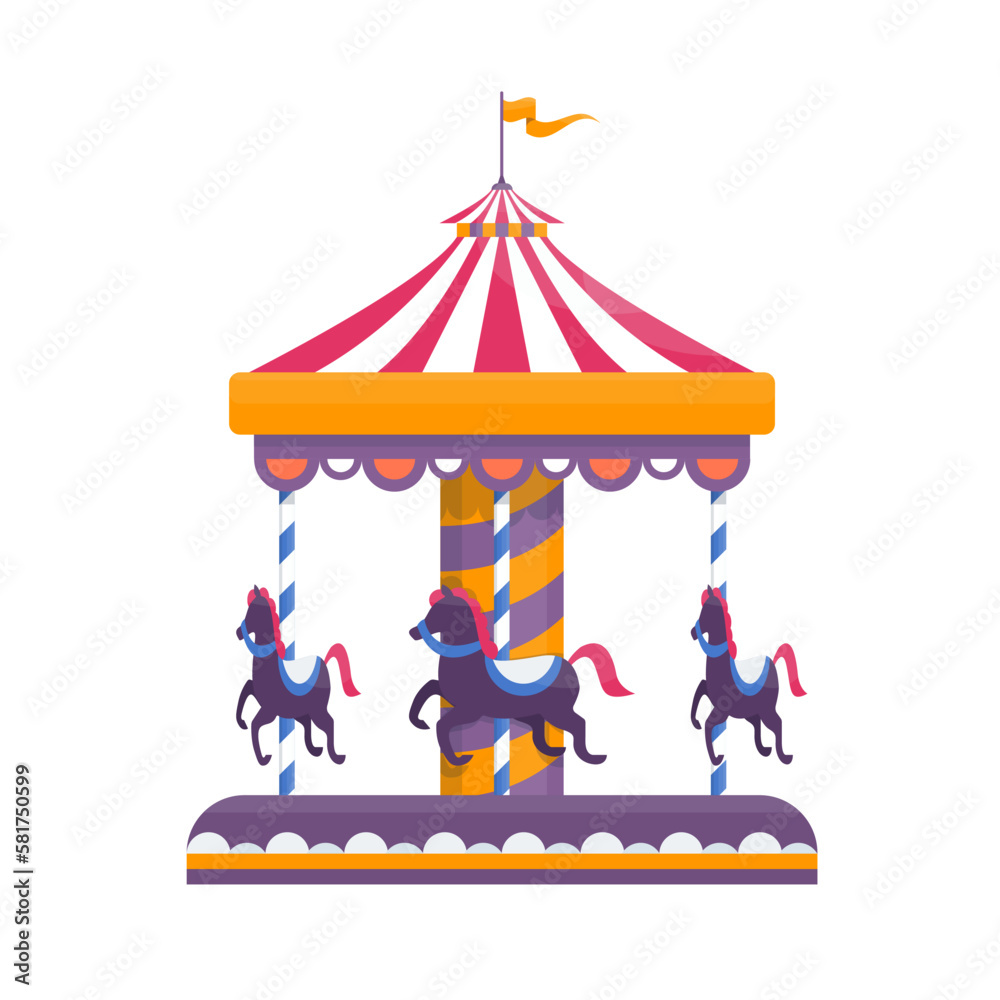 Horse carousel in the amusement park. Ticket design. Flat vector ...