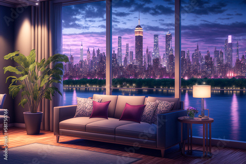 A living room with a window overlooking New York City, generative ai
