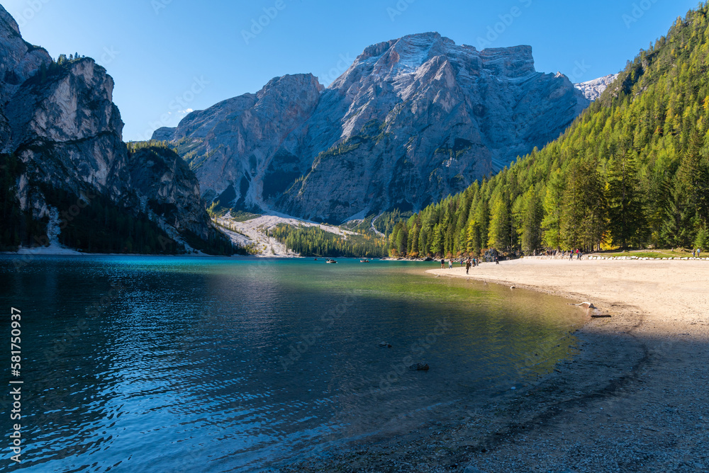 Braies Lake in Dolomites mountains Sudtirol, Italy. The lake is surrounded by forest famous for scenic hiking trails.