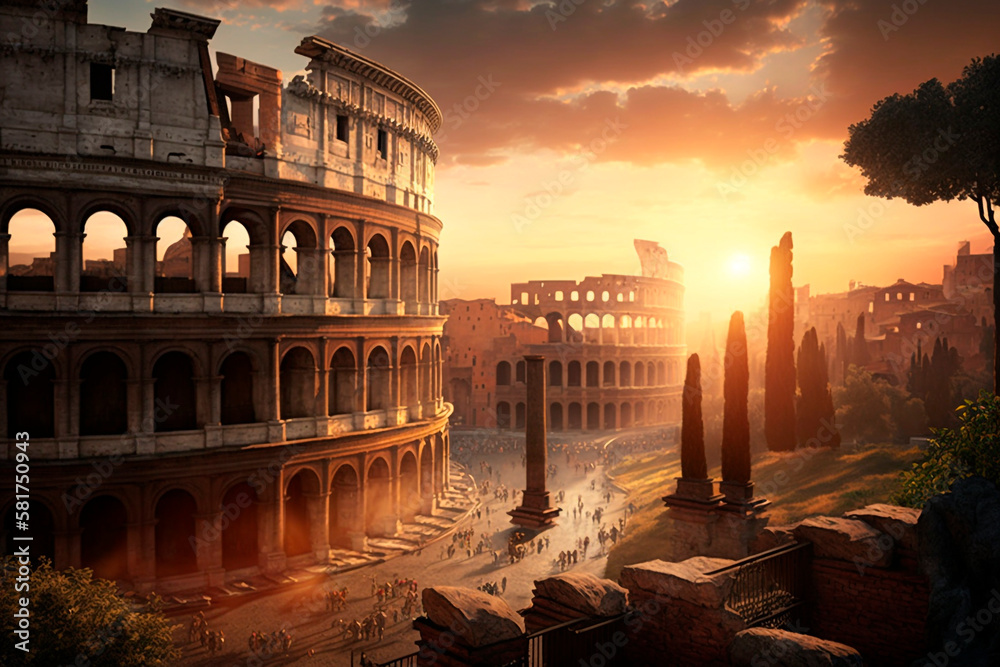 The Colosseum as the sun sets, generative ai