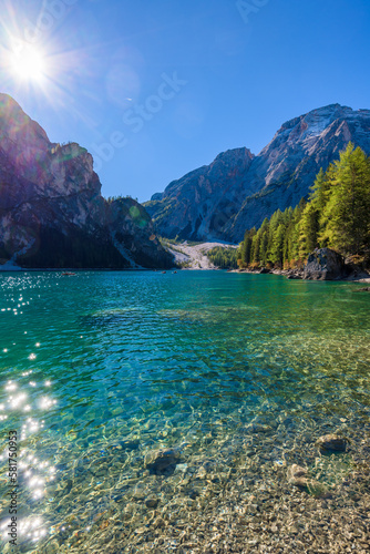 Braies Lake in Dolomites mountains Sudtirol, Italy. The lake is surrounded by forest famous for scenic hiking trails.