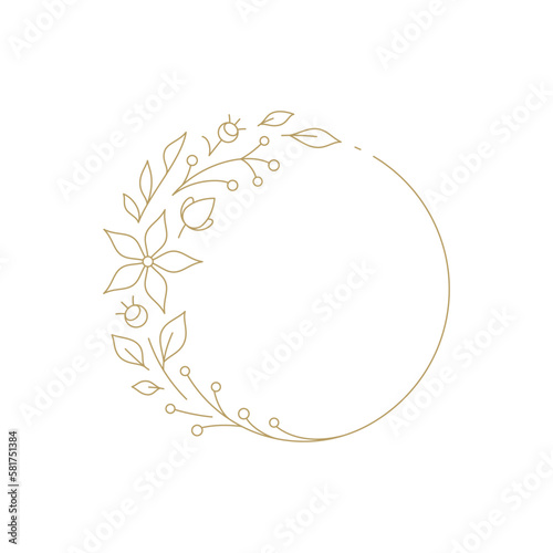 Floral circle frame botanical ornament romantic natural blossom line art deco vintage logo vector