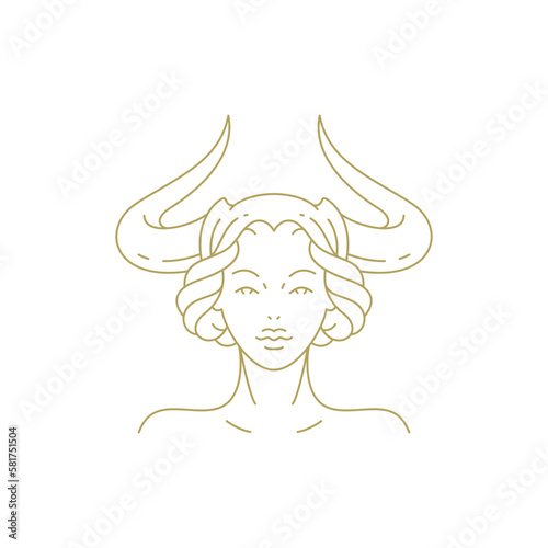Woman horned mythology goddess elegant beauty portrait line art deco vintage logo vector