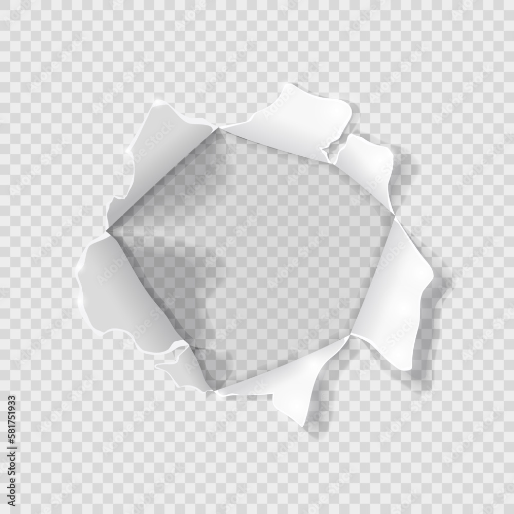 Torn hole on a sheet of paper isolated on a transparent background. Vector illustration.