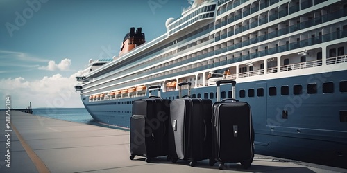 des valises posées sur un quai d'embarquement avec un paquebot de croisière en arrière-plan - generative ai photo