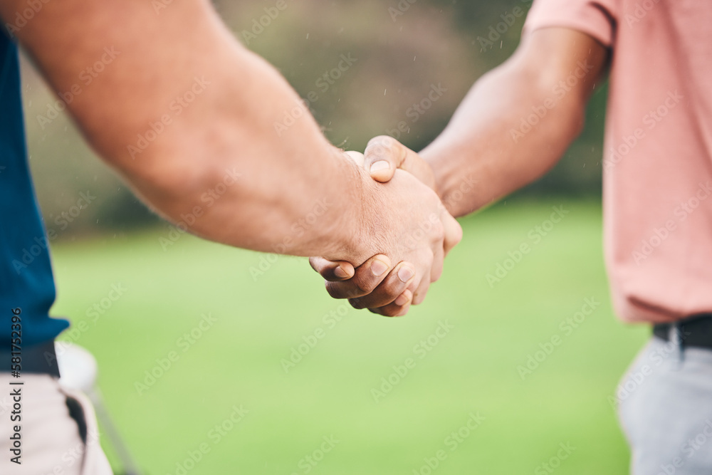 People, handshake and sport for partnership, trust or unity in community, collaboration or teamwork on grass field. Team of sporty players shaking hands on golf course for club, game or outdoor match People, handshake and sport for partnership, trust or unity in community, collaboration or teamwork on grass field. Team of sporty players shaking hands on golf course for club, game or outdoor match
