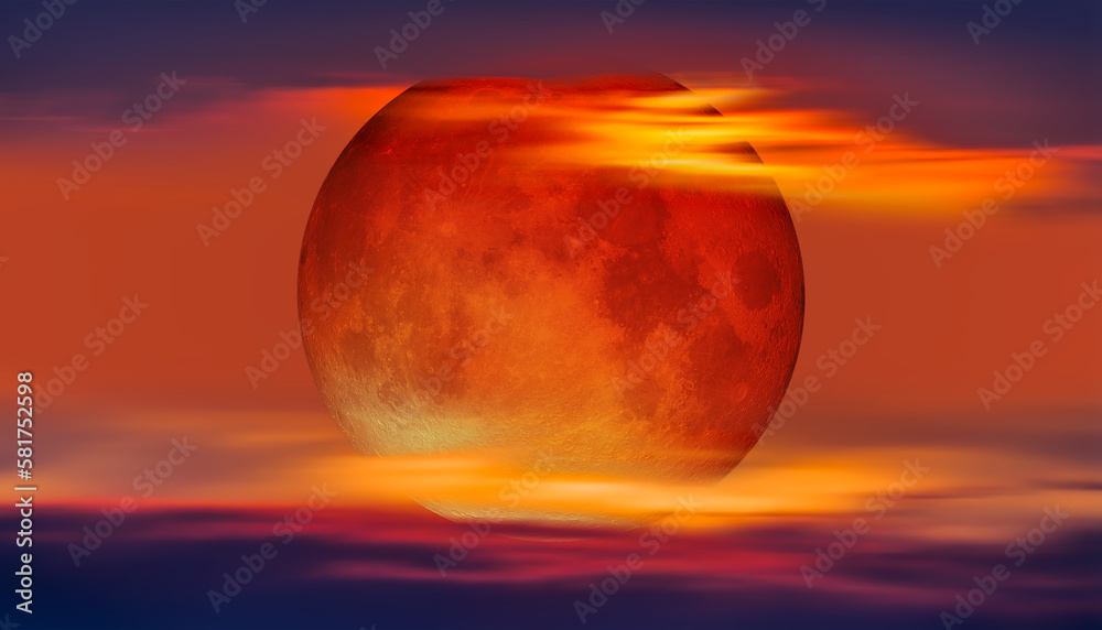 Sunset sky with full moon in the clouds 