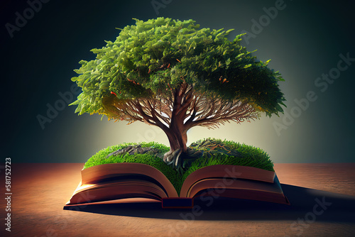 Tree of knowledge growing on open textbook with USA flag. Generative Ai
