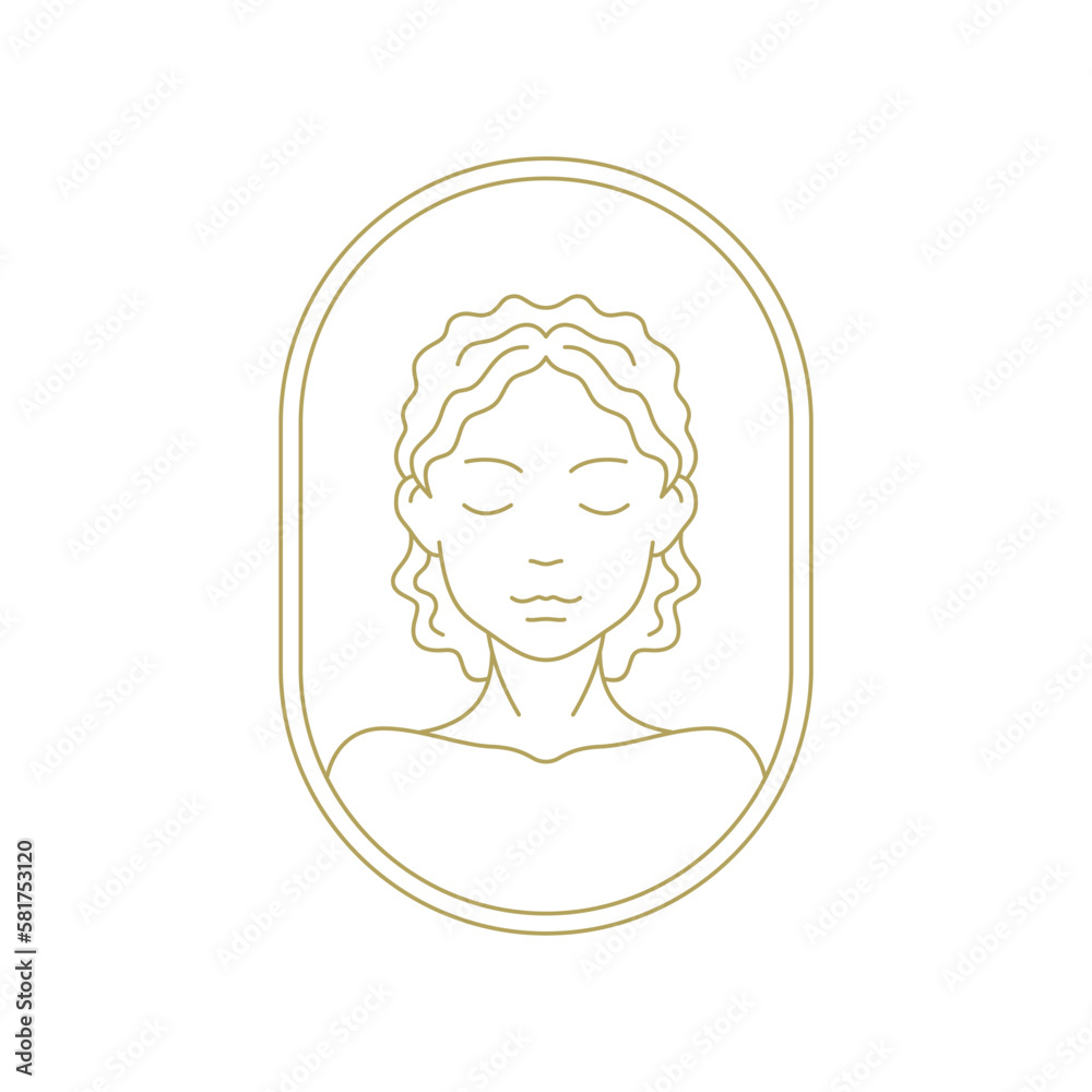 Elegant beautiful woman portrait antique frame cosmetology salon line art deco vintage logo vector