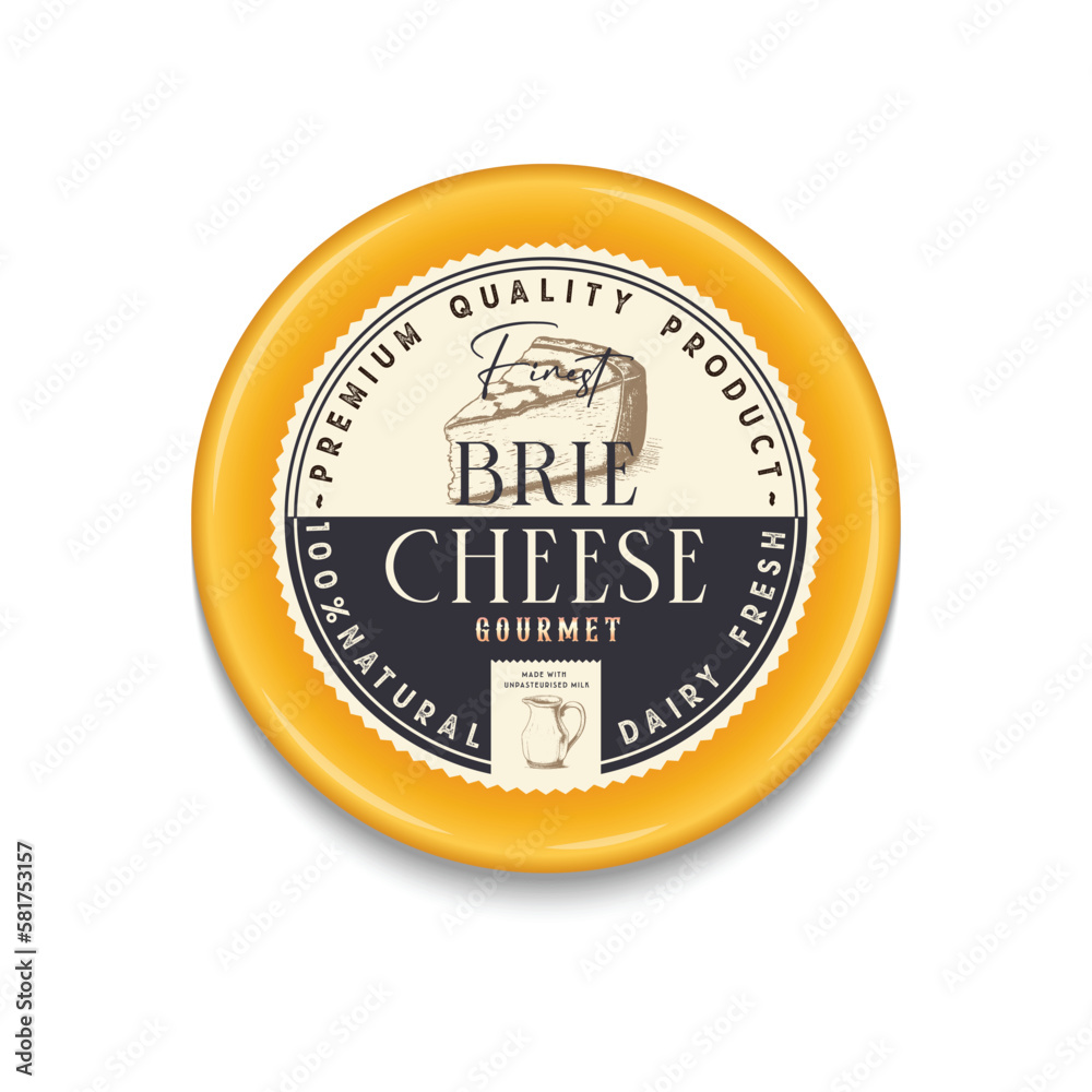 Brie Cheese Vintage round label and packaging design. Cheese detailed sketch. Dairy farm illustration. Cheese packaging design.
