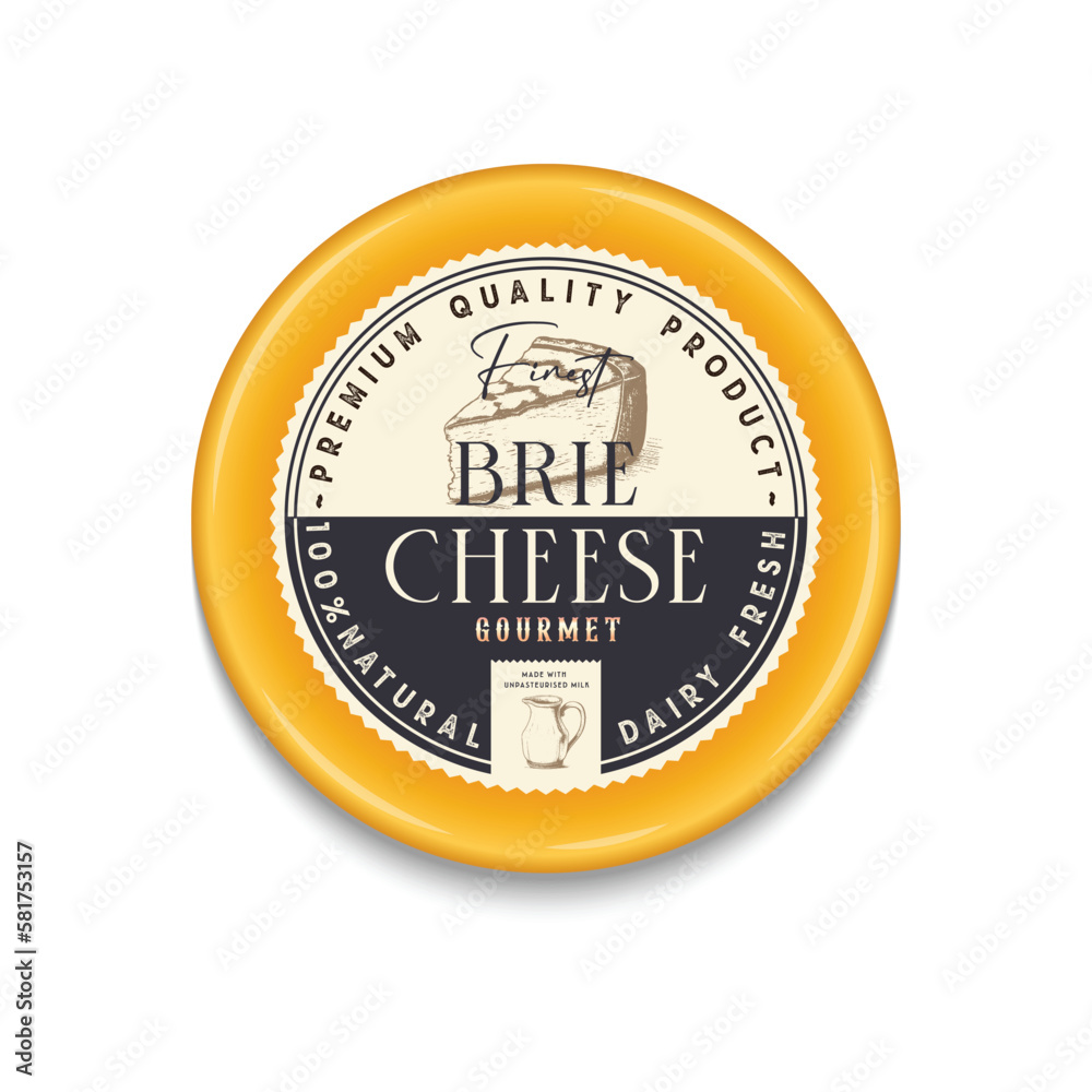 Brie Cheese Vintage round label and packaging design. Cheese detailed