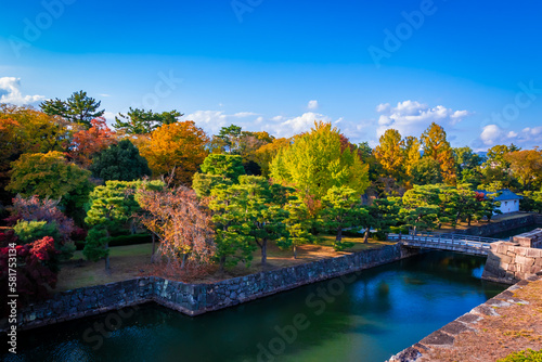 秋の京都・二条城で見た、紅葉が色付く庭園と快晴の青空