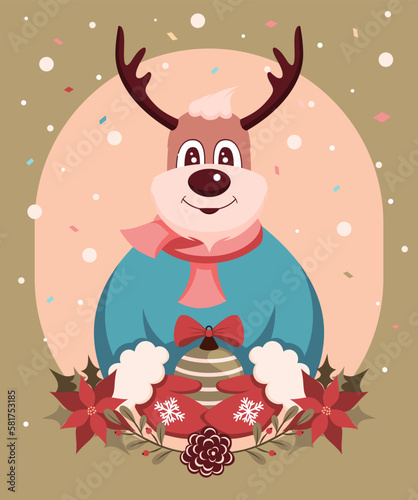 Colorful Christmas Illustration. Merry Christmas deer with a scarf around his neck, holding a Christmas tree toy. Excellent illustration for the decor of Vector Cards