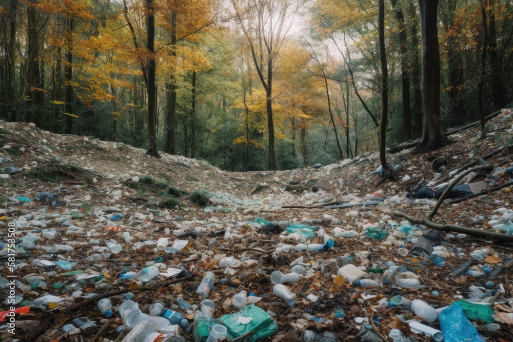 Garbage in the forest. Pollution of the forest by plastic. Generative AI