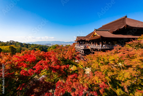 秋の京都・清水寺で見た、色鮮やかな紅葉と快晴の青空