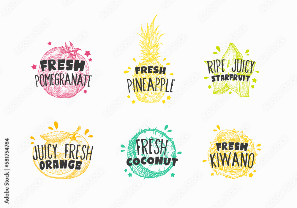Juicy Fresh Ecxotic Fruits Badges, Labels or Logo Templates Collection. Hand Drawn Pomegranate, Kiwano, Orange, Starfruit and Coconut Sketch with Playful Typography. Exotic Food Emblems Set. Isolated