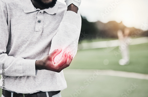 Canvas Print Sports, elbow pain and black man on golf course holding arm during game, massage and relief with health and wellness