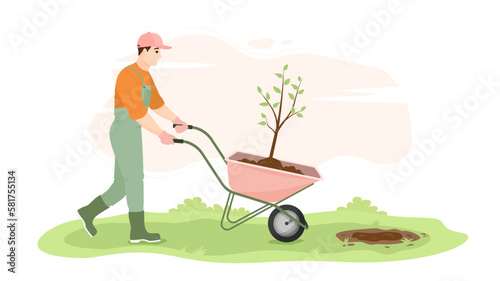 A young man is carrying a tree sapling on a wheelbarrow. A man plants trees in a garden or in a city park. Flat vector illustration. Tree planting, agriculture concept.