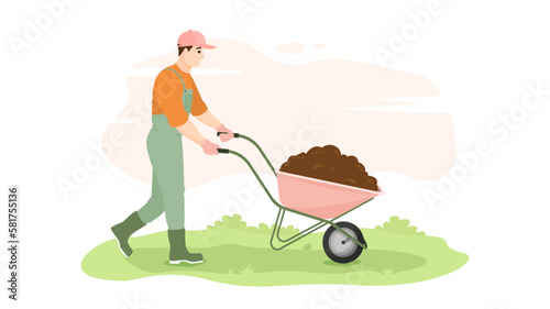 A man drives a garden wheelbarrow with soil or organic fertilizers. Agricultural works in the spring in the garden, in the vegetable garden or in the city park. Vector illustration.