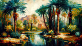 An oasis in a desert landscape with a beautiful array of palm trees, generative ai illustration