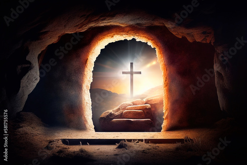 The cave is open and there are three crosses on the hill. The Feast of the Resurrection of Jesus Christ  Generative AI