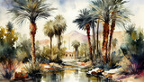 An oasis in a desert landscape with a beautiful array of palm trees, generative ai illustration