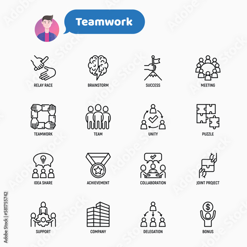 Teamwork thin line icons set: relay race, brainstorm, success, meeting, idea share, collaboration, joint project, unity, support, delegation, bonus. Modern vector illustration.