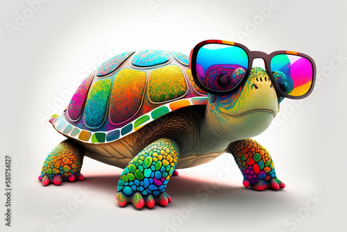 Cartoon colorful turtle with sunglasses on white background. Created with generative A photo