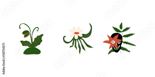 Creepy Predator Blossoms. Dangerous Tropical Flowers, Monster Plants. Vector illustration isolated on white background.