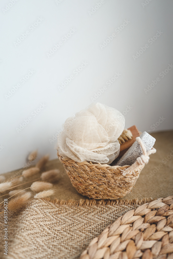 Eco friendly bathroom accessories on white background. Beauty, sustainable and wellness concept