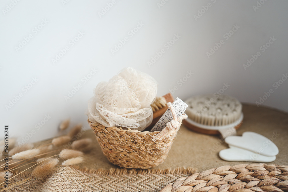 Eco friendly bathroom accessories on white background. Beauty, sustainable and wellness concept Eco friendly bathroom accessories on white background. Beauty, sustainable and wellness concept