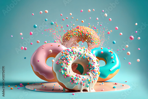 Doughnuts with glaze flying over baby blue background with colorful sprinkles falling down. Generative Ai