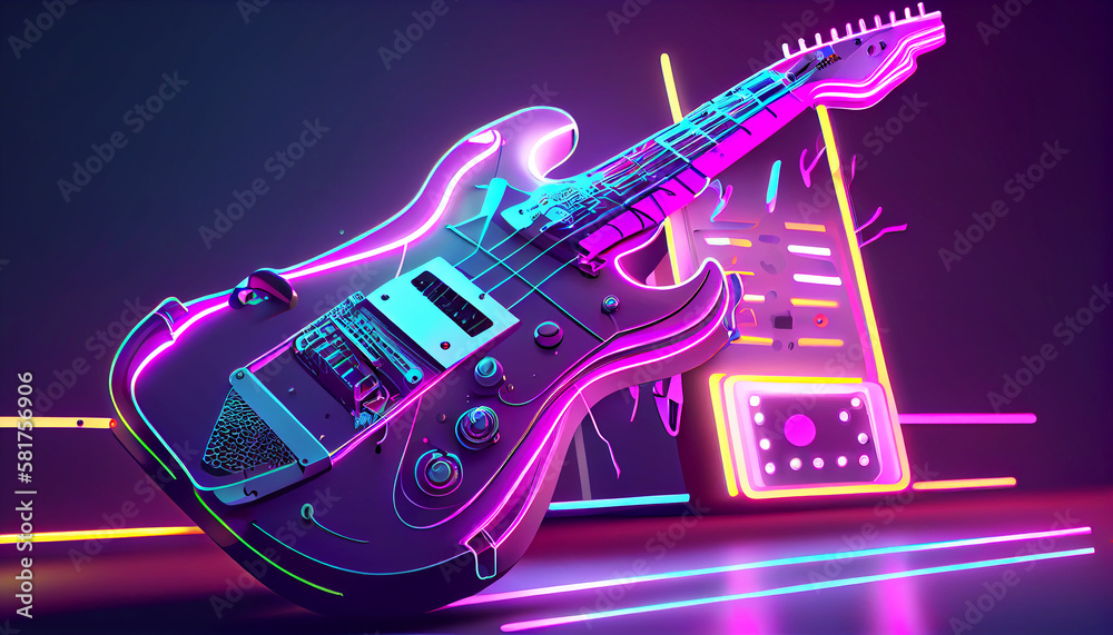 high-tech futuristic electric guitar cyberpunk style illuminated with neon  lights. Abstract background. Generative AI Illustration Stock | Adobe Stock
