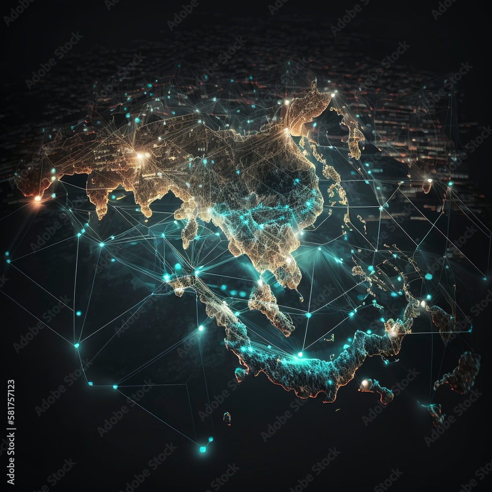Asia is connected through internet and communication technology. Asia connection links for data transport and telecommunication. IoT, business, money, blockchain, and security, Generative AI.