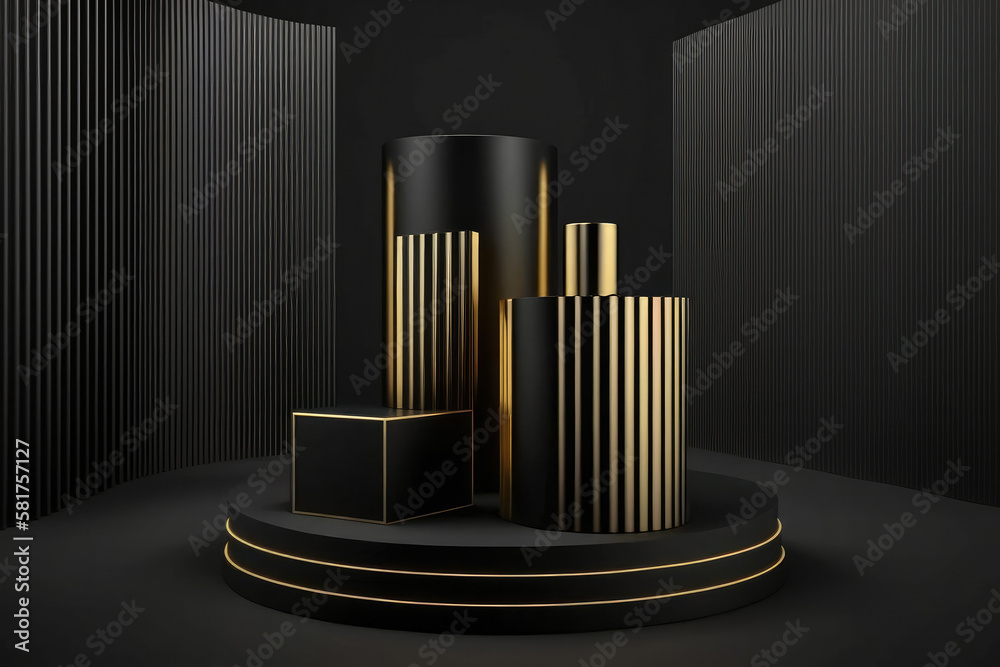 The minimal black scene with golden lines cylindrical podium pedestal product display background The minimal black scene with golden lines cylindrical podium pedestal product display background