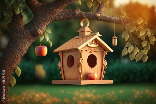 Bird feeder hanging on apple tree. Branch of apple tree with bird house. Nest box in public park for bird feed. Generative AI