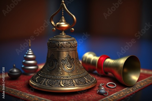 holy tibetan bell on a table, illustration, generative ai photo