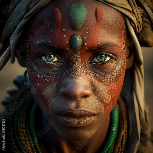 Portrait of a young beautiful African tribe woman with green eyes created with generative AI