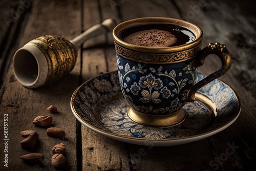 Turkish coffee being served in a vintage cup against a wooden background. Generative AI